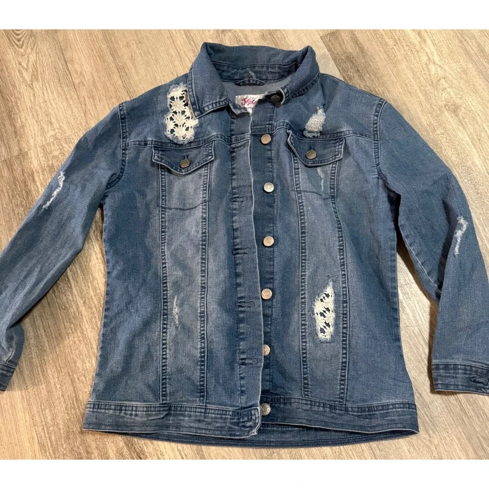 Justice Girls Blue Denim Jacket Lace Crochet Distressed Size 14/16 L XL